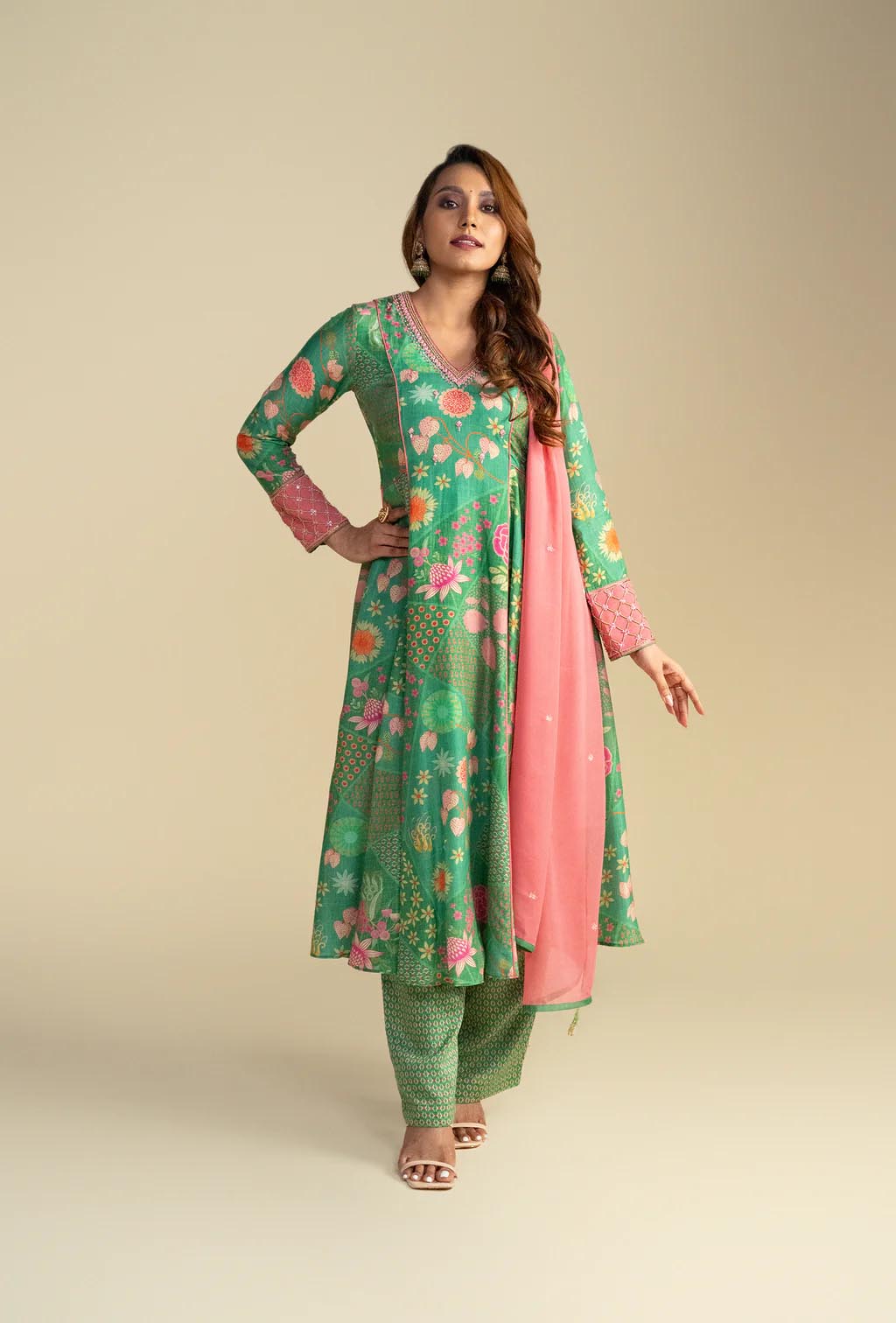 Green Floral Print Anarkali With Pink Dupatta
