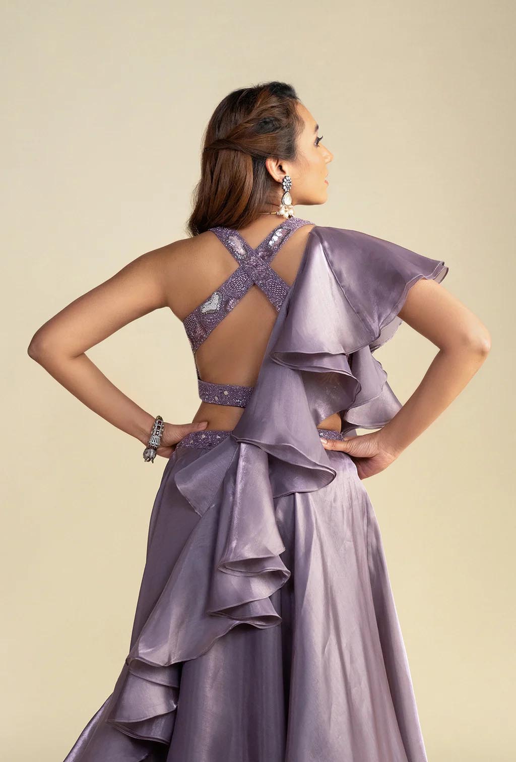 Amber Purple Rose Ruffled Dupatta Lehenga Set