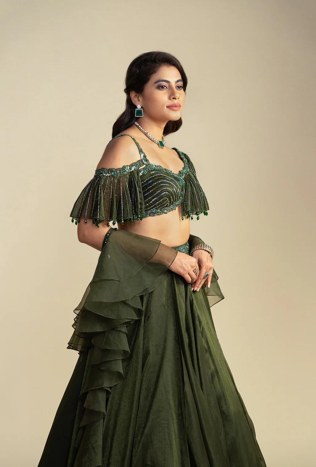 Pine Dark Olive Green Asymmetrical Ruffled Blouse Lehenga Set