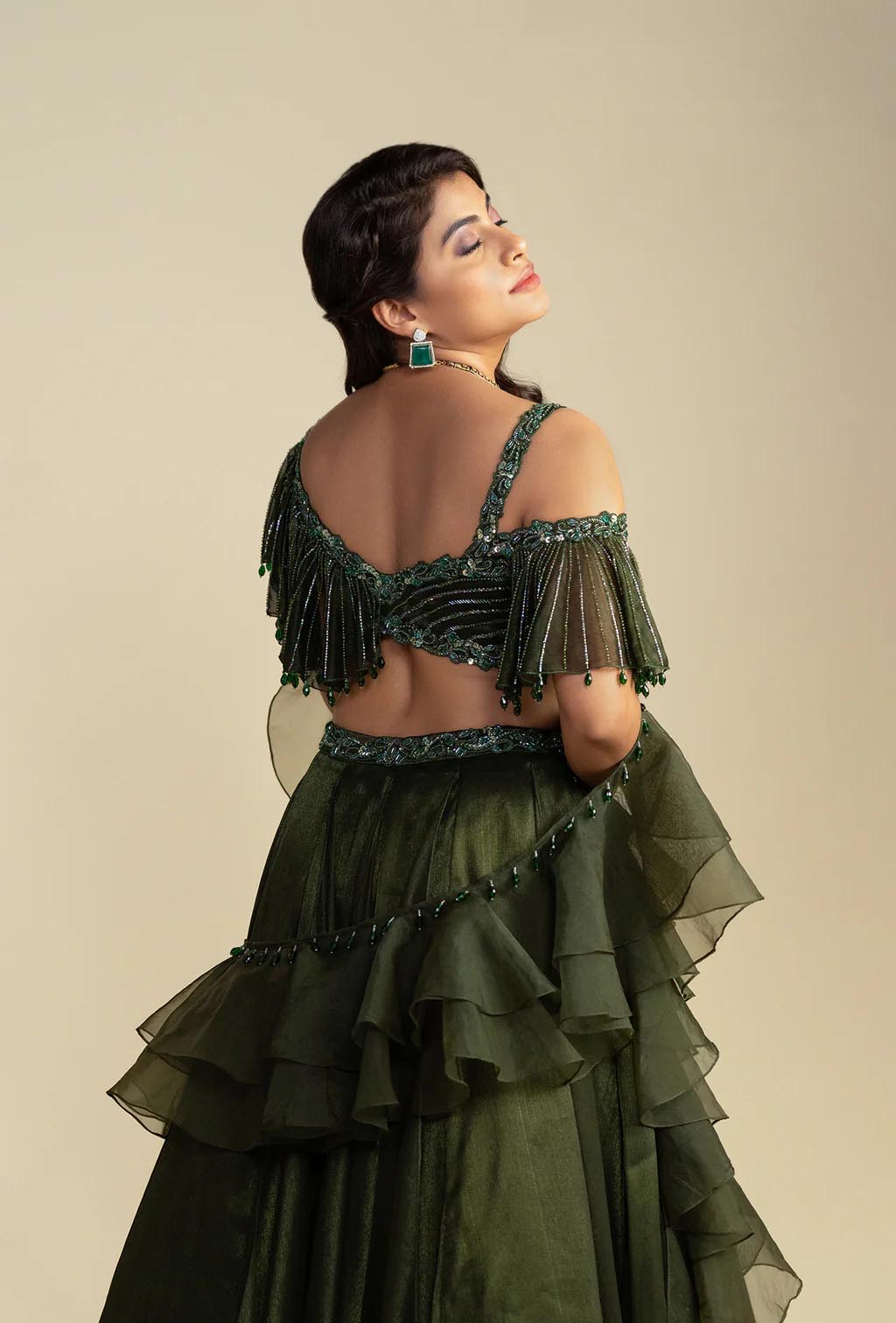 Pine Dark Olive Green Asymmetrical Ruffled Blouse Lehenga Set