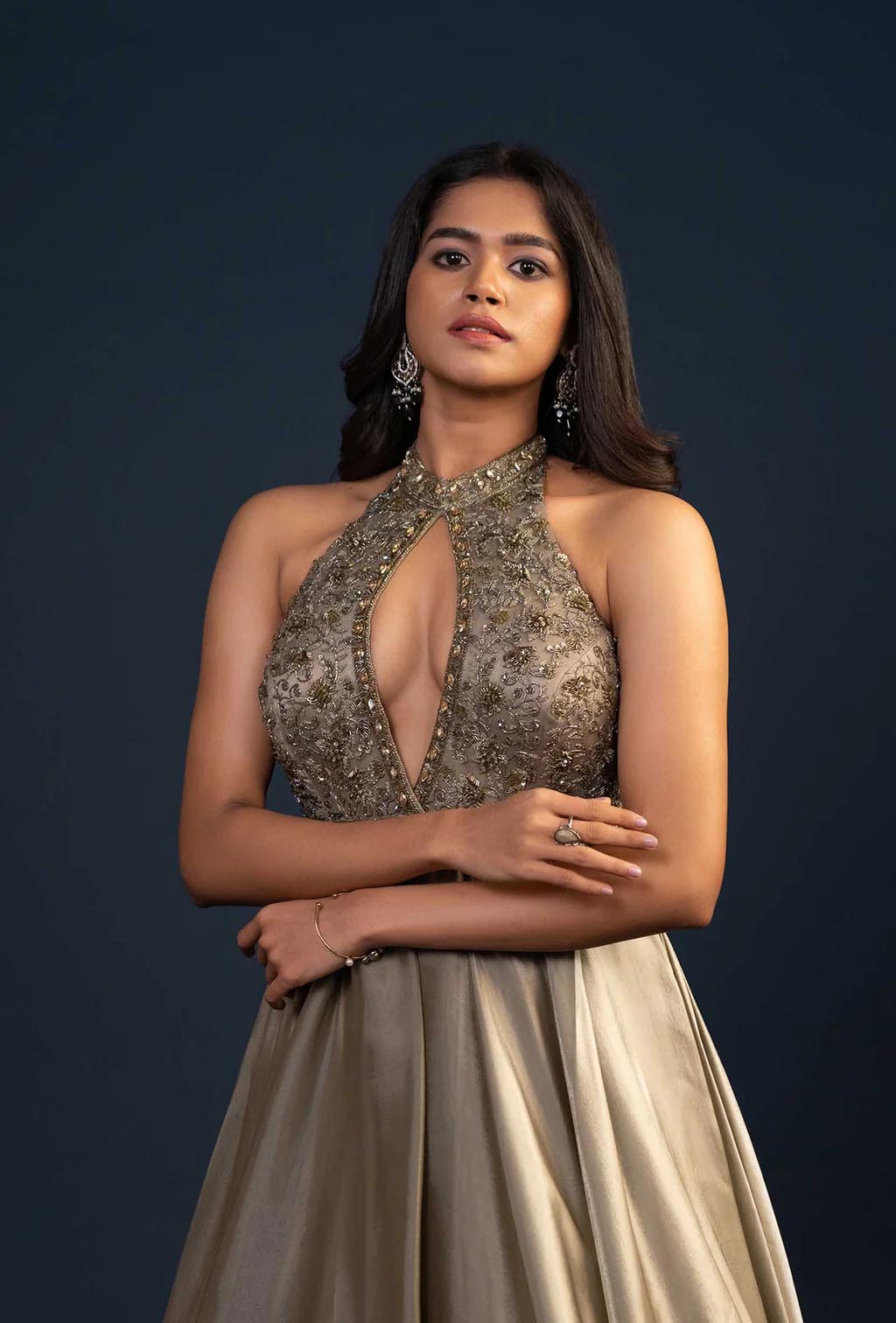 Eleanor Warm Grey Key Hole Neck Gown