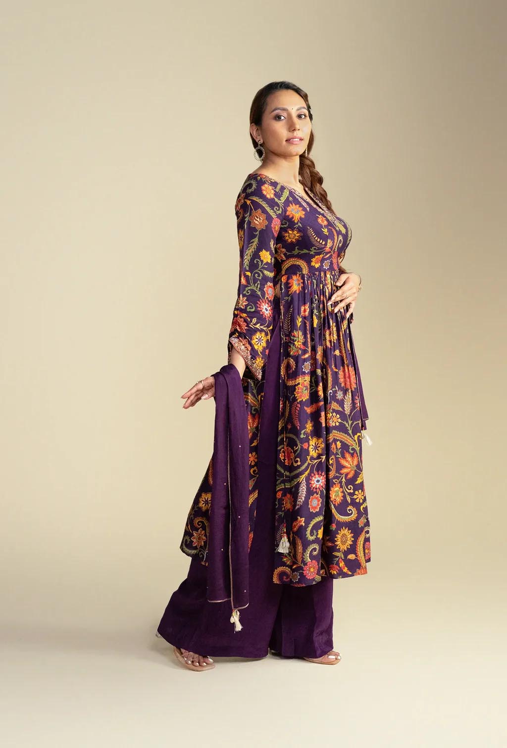 Purple Floral Silk Kurta & Palazzo Set