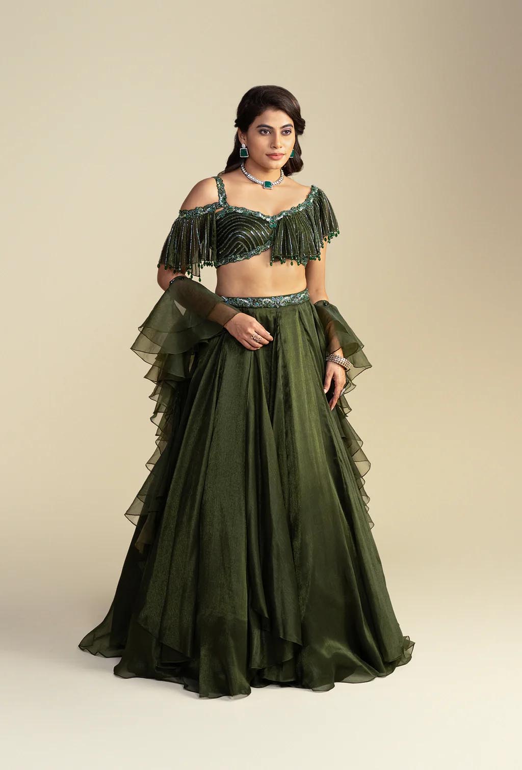 Pine Dark Olive Green Asymmetrical Ruffled Blouse Lehenga Set