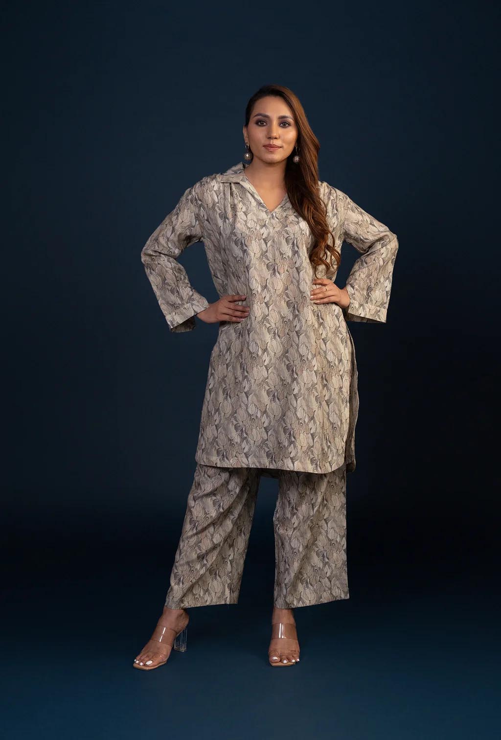 Grey Shirt Collar Short Kurta Set