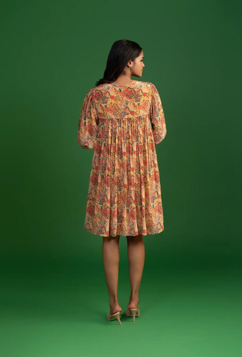 Ochre Drawstring Pleated Short Dress