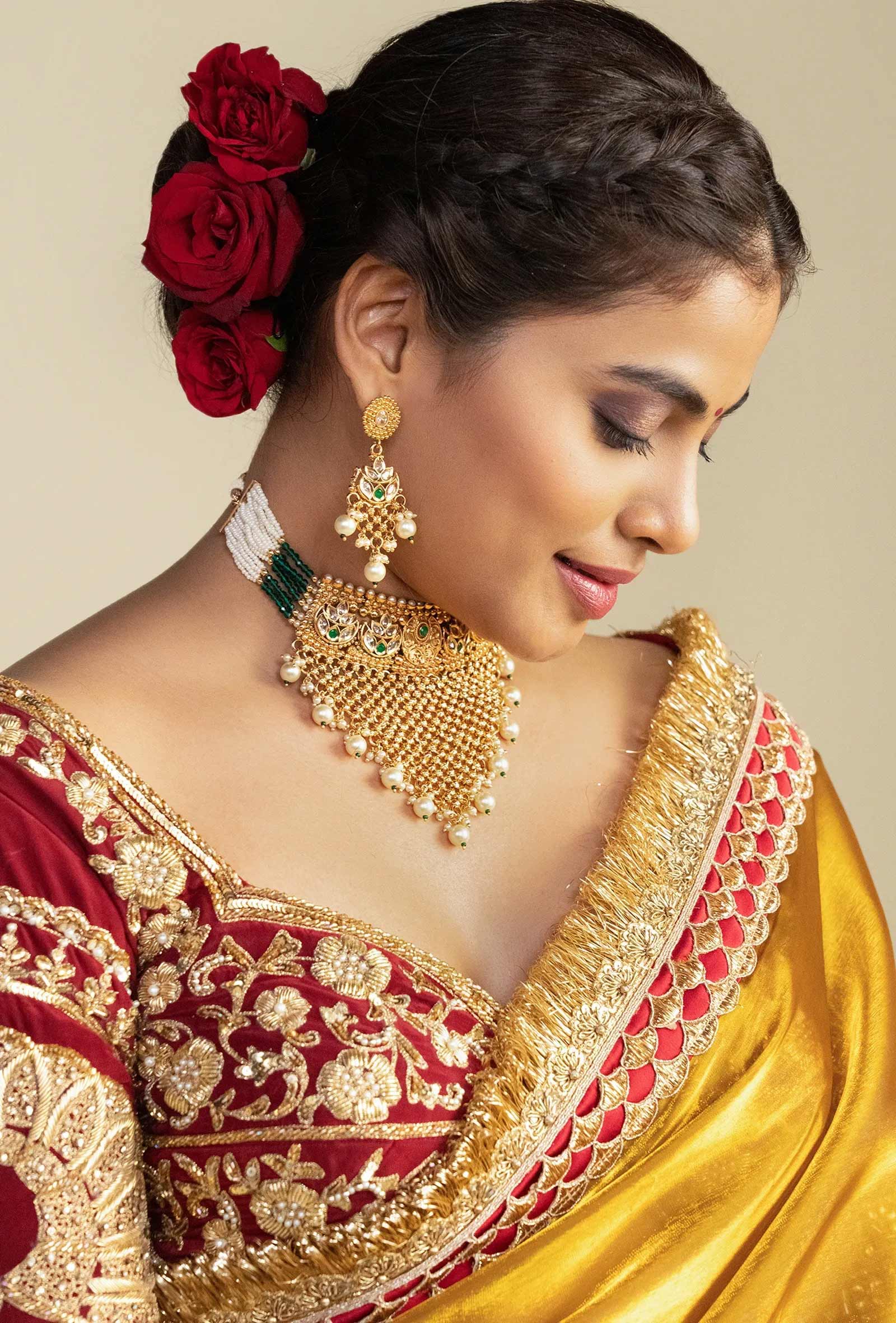 Aarna Golden Glass Tissue Saree with Red Zardozi Blouse