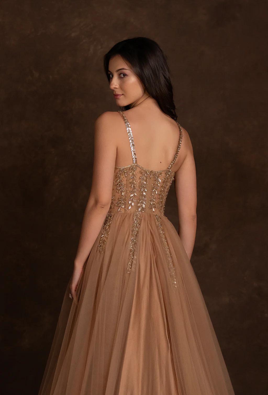 Alaya Mocha Brown Corset Style Stonework Gown