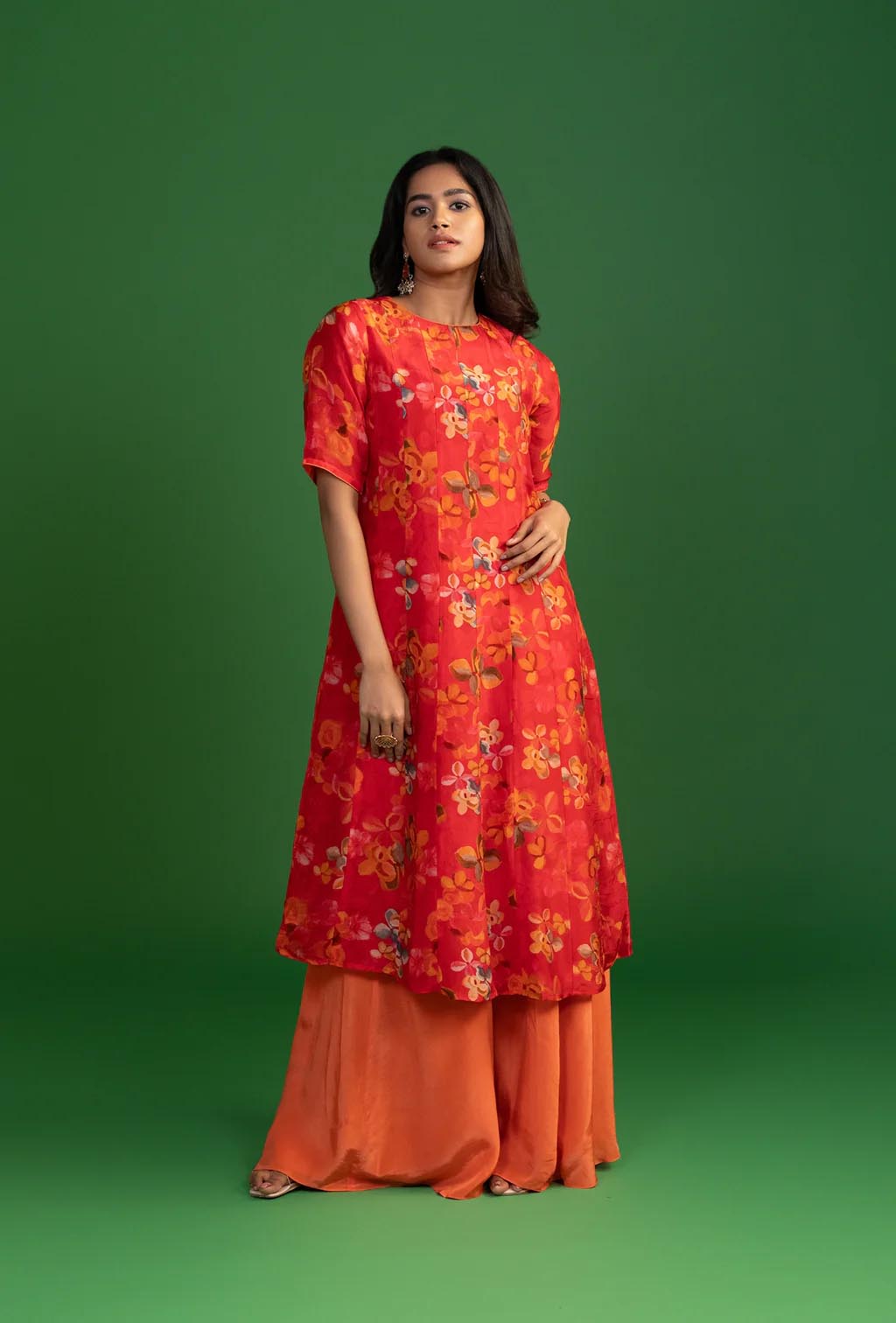 Coral Red & Orange Floral Print Kurta Set