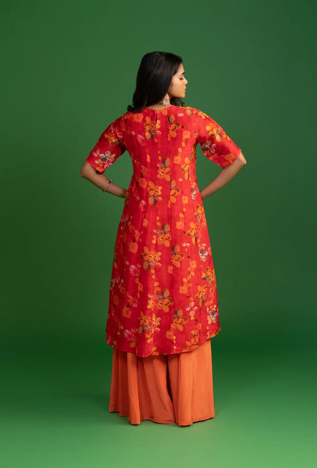 Coral Red & Orange Floral Print Kurta Set