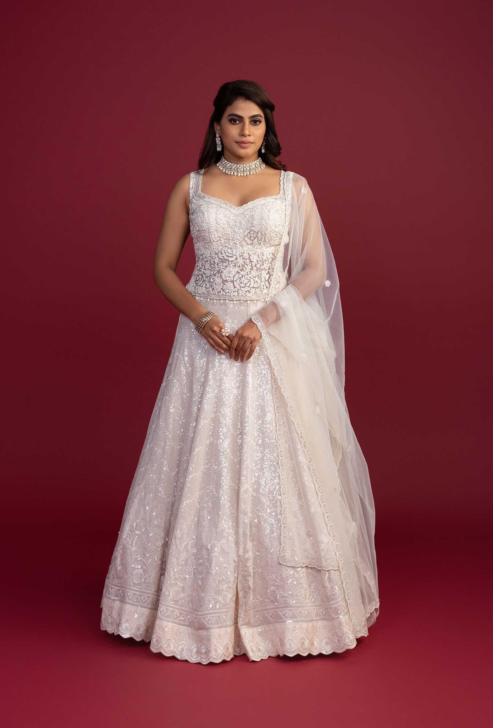 Cascade Pearl Ivory Sweetheart Neck Lehenga Set