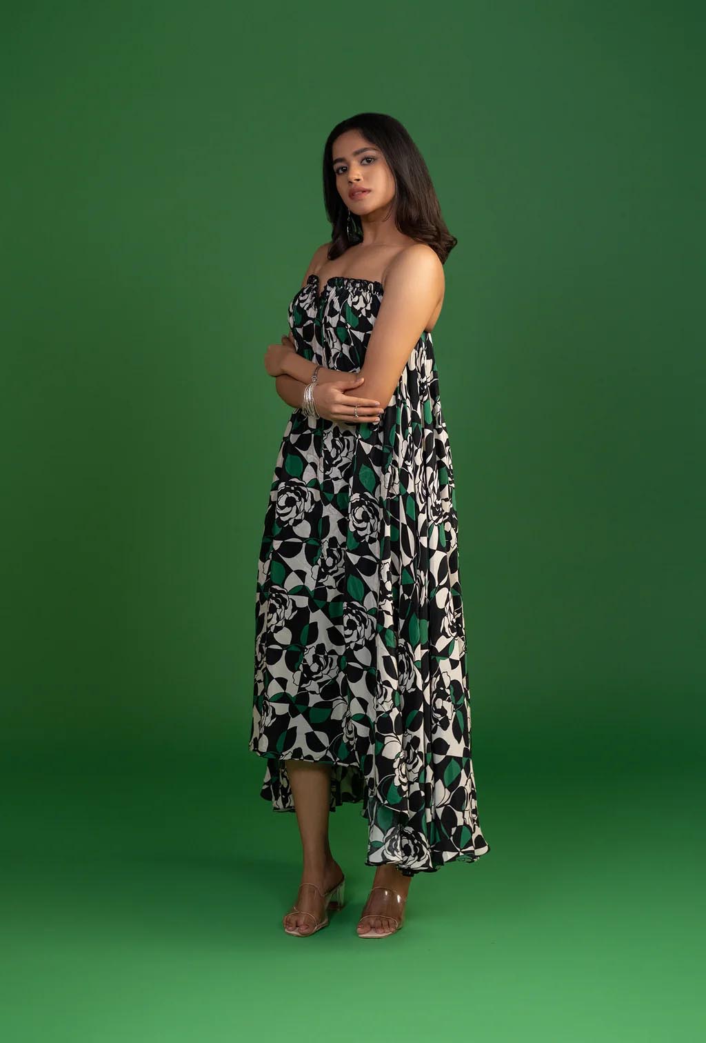 Black & Green Print Calf Length Dress