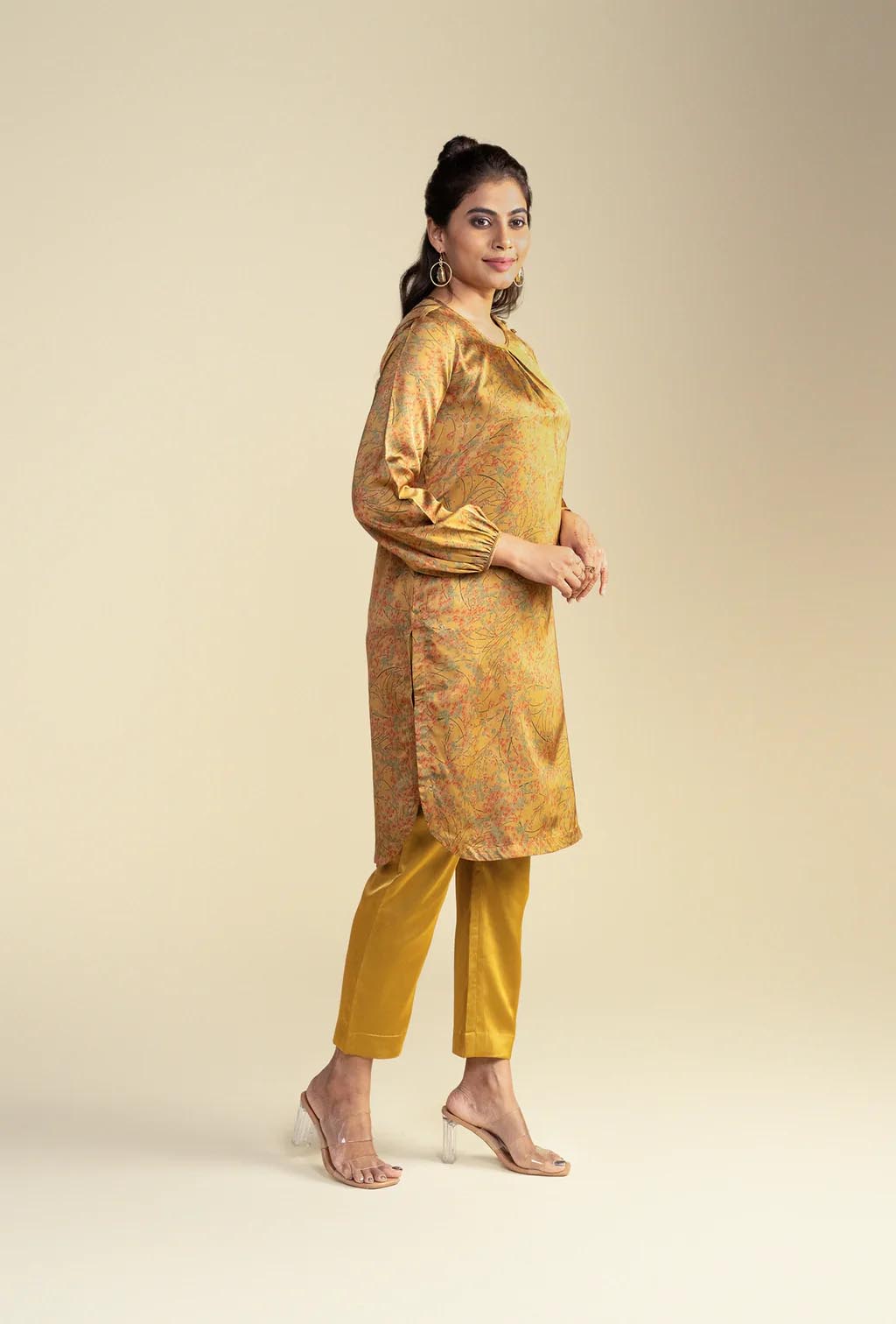 Golden Palm Crepe Satin Kurta Set