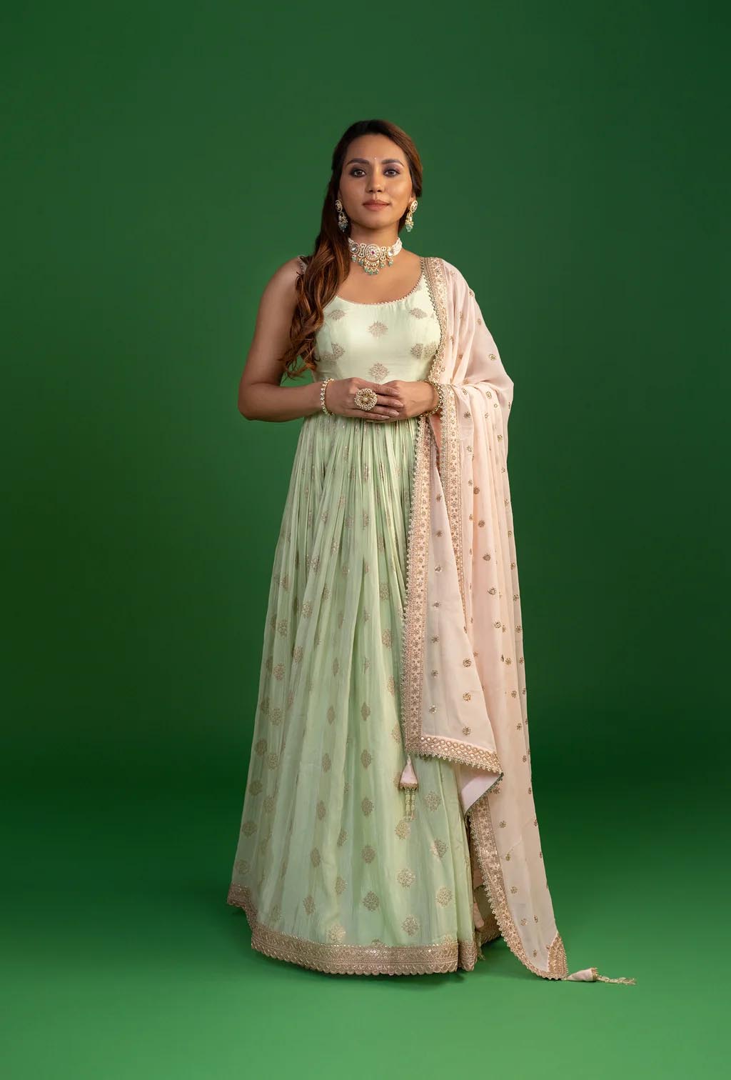 Pista Green Anarkali With Pink Dupatta