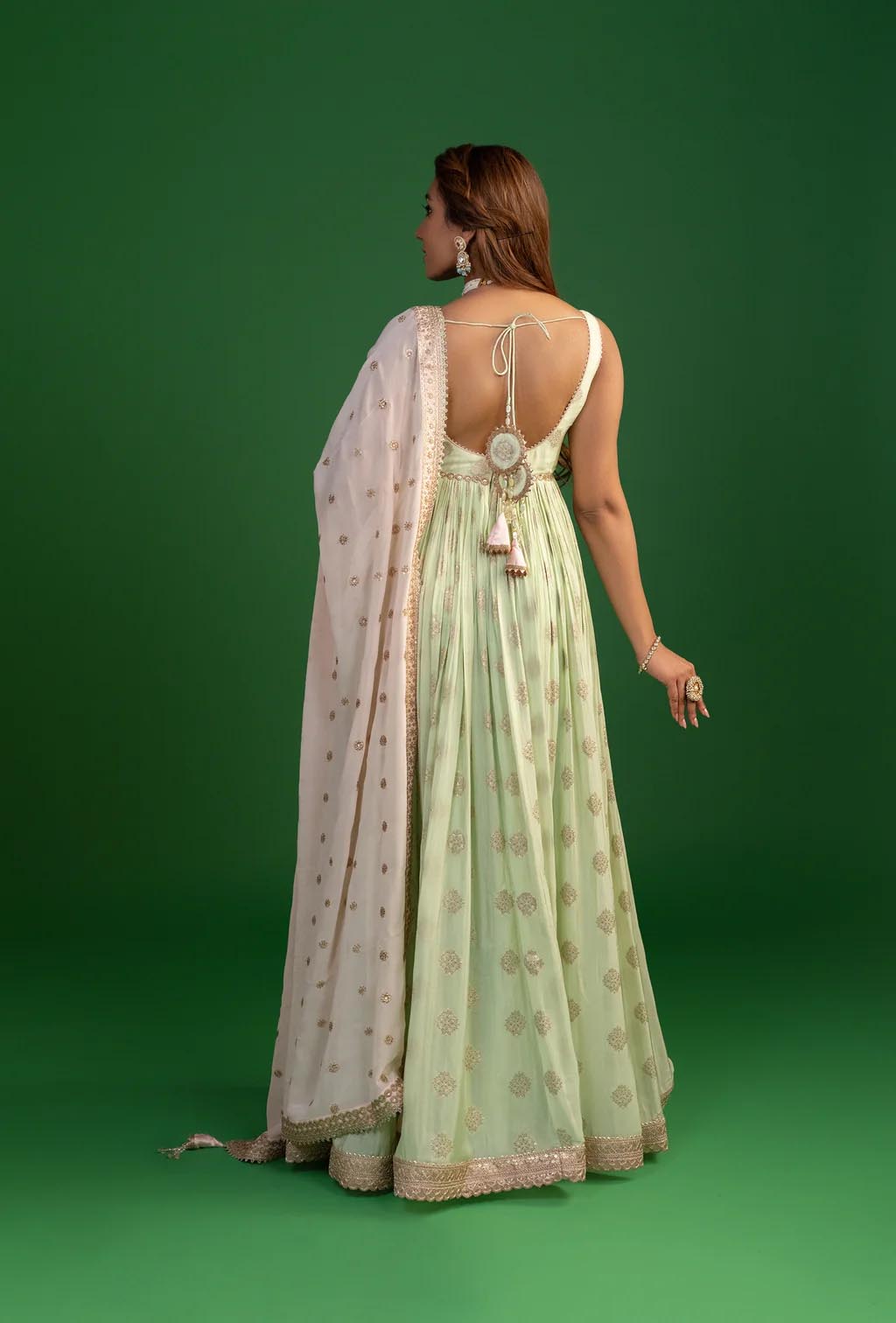 Pista Green Anarkali With Pink Dupatta