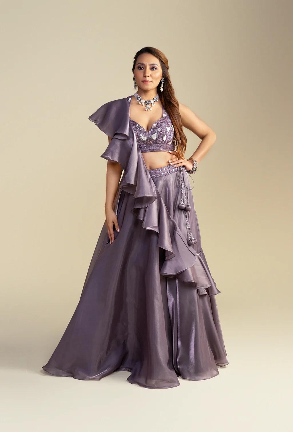 Amber Purple Rose Ruffled Dupatta Lehenga Set