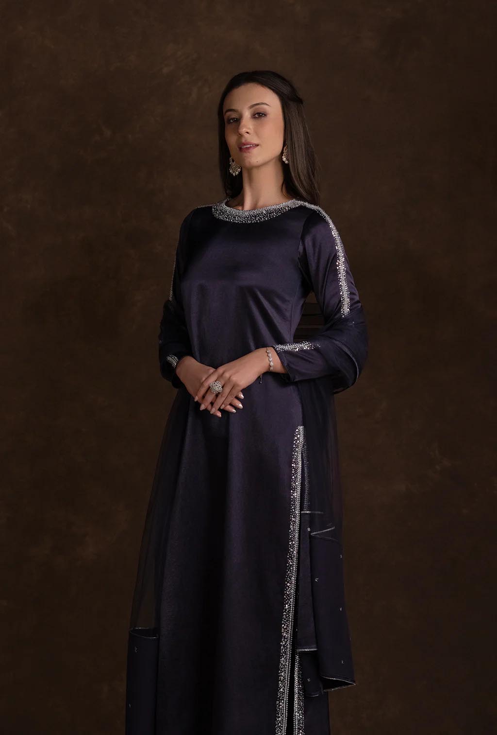 Midnight Blue dazzled Neck Silk Contemporary Kurta Set