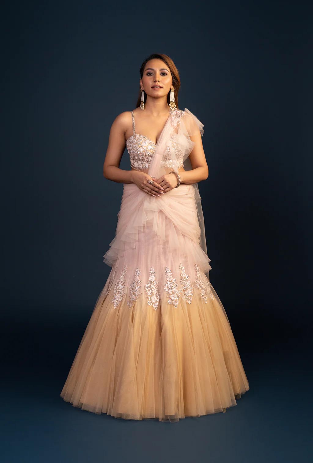 Oasis Dual Color Mermaid Ruffle Lehenga Set with Attached Dupatta