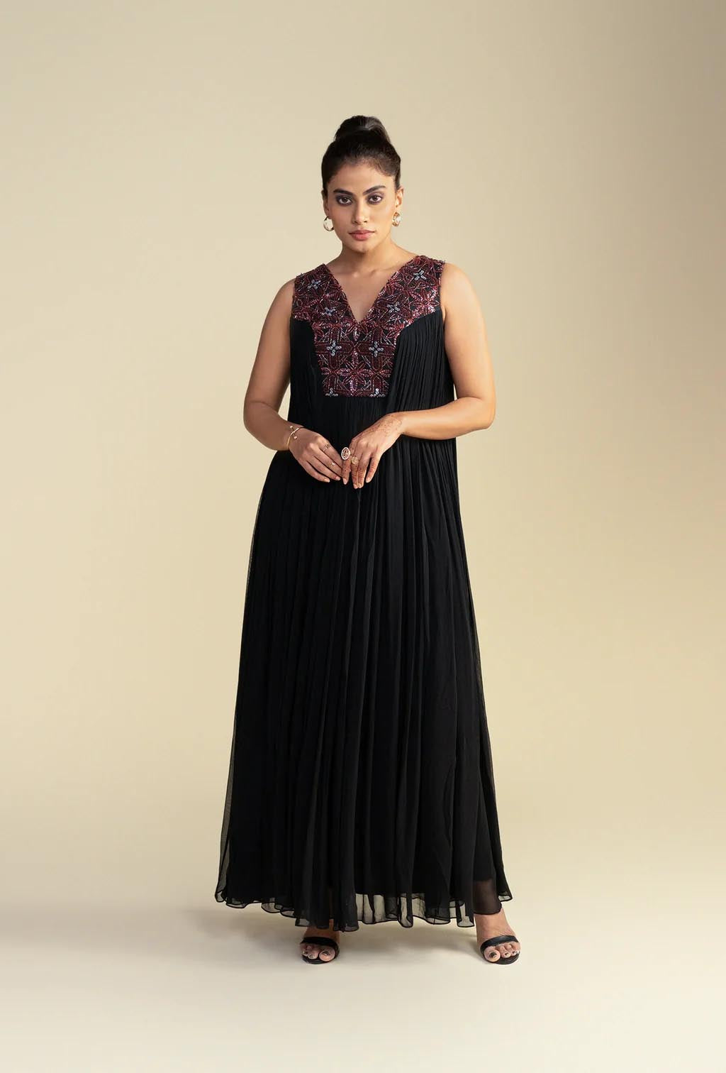 Black Embroidered Floor-Length Dress
