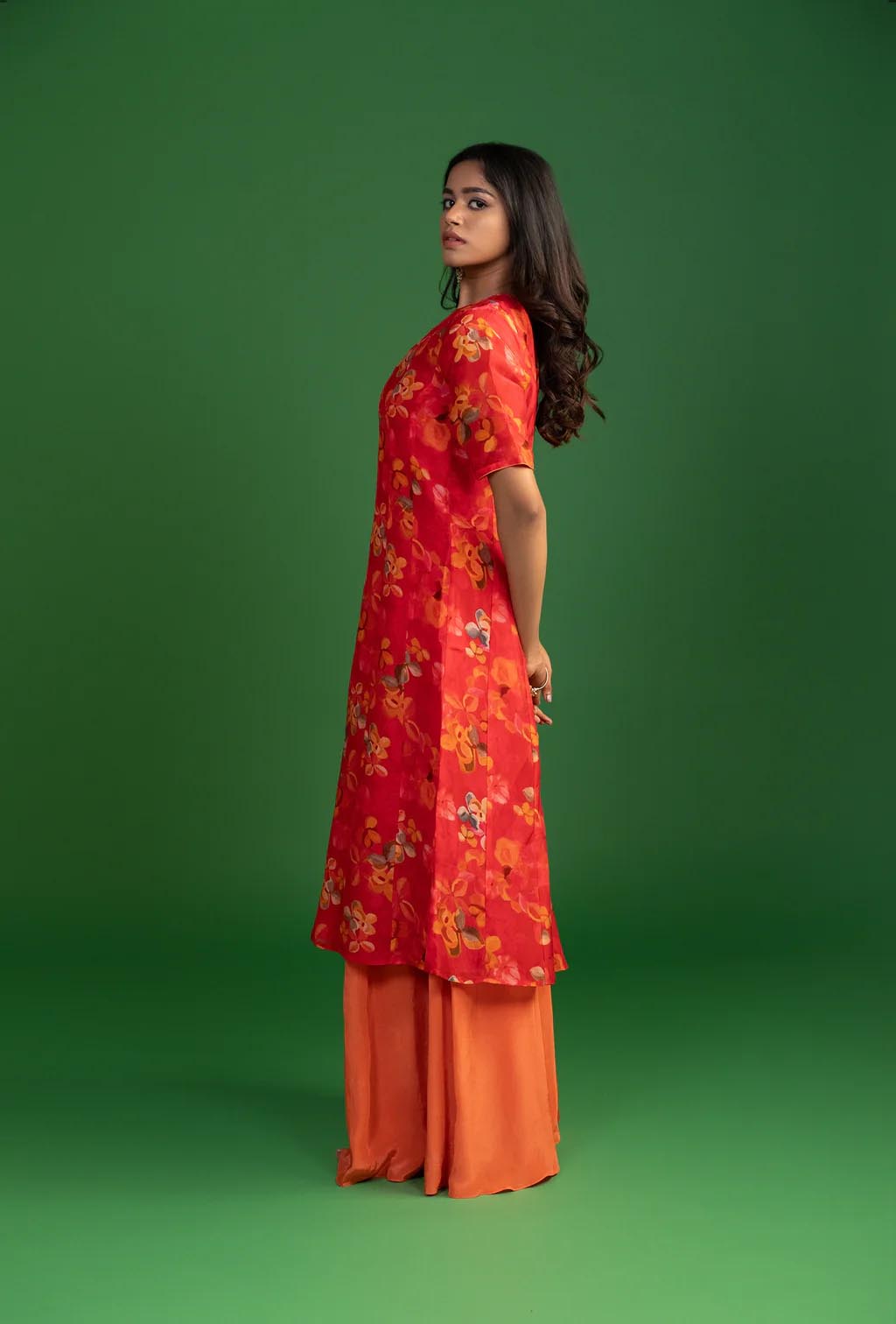 Coral Red & Orange Floral Print Kurta Set