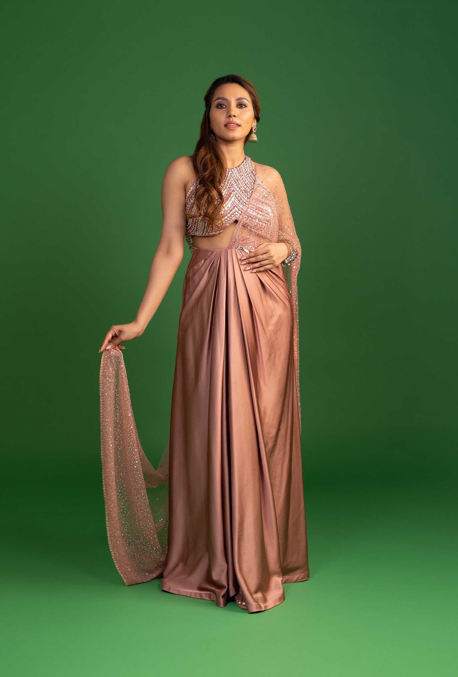 Khwab Tea Rose Pink Pre Draped Saree with Sequined Blouse