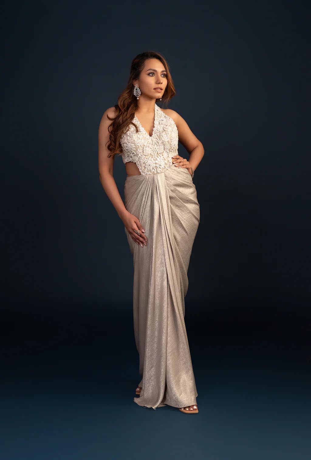 Audrey Grey Waist Cut Out Shimmer Gown