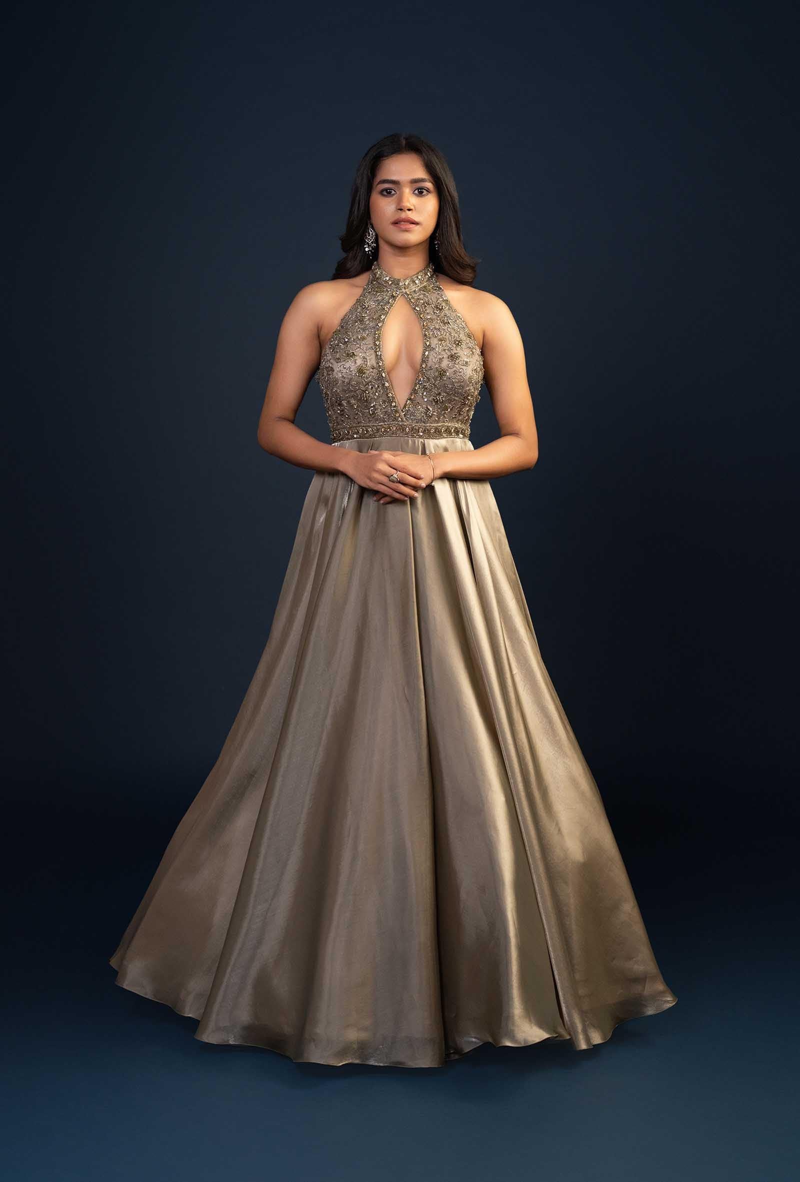 Eleanor Warm Grey Key Hole Neck Gown