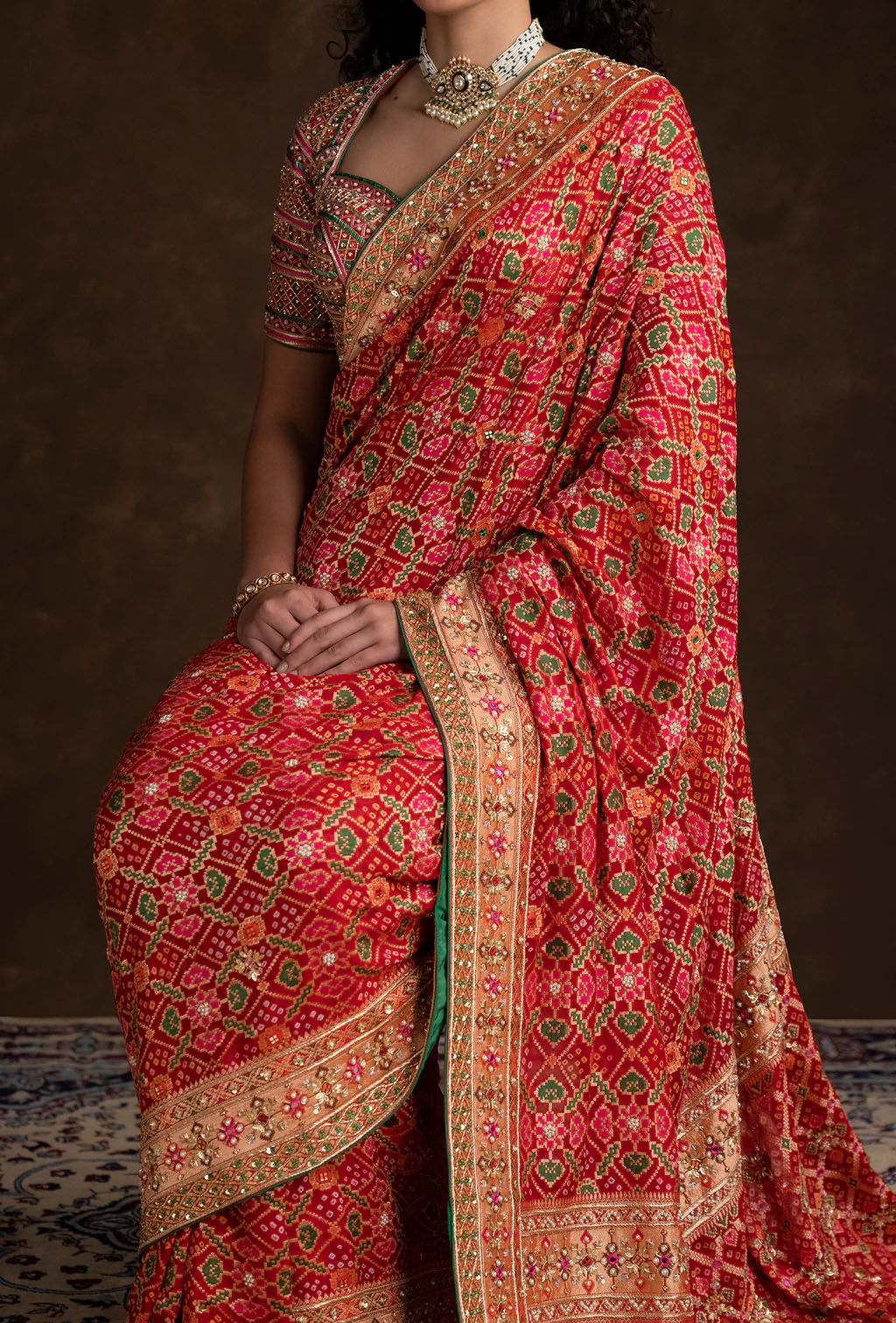 Bridal Red Bandhani Saree with Handwork Bustier Style Blouse