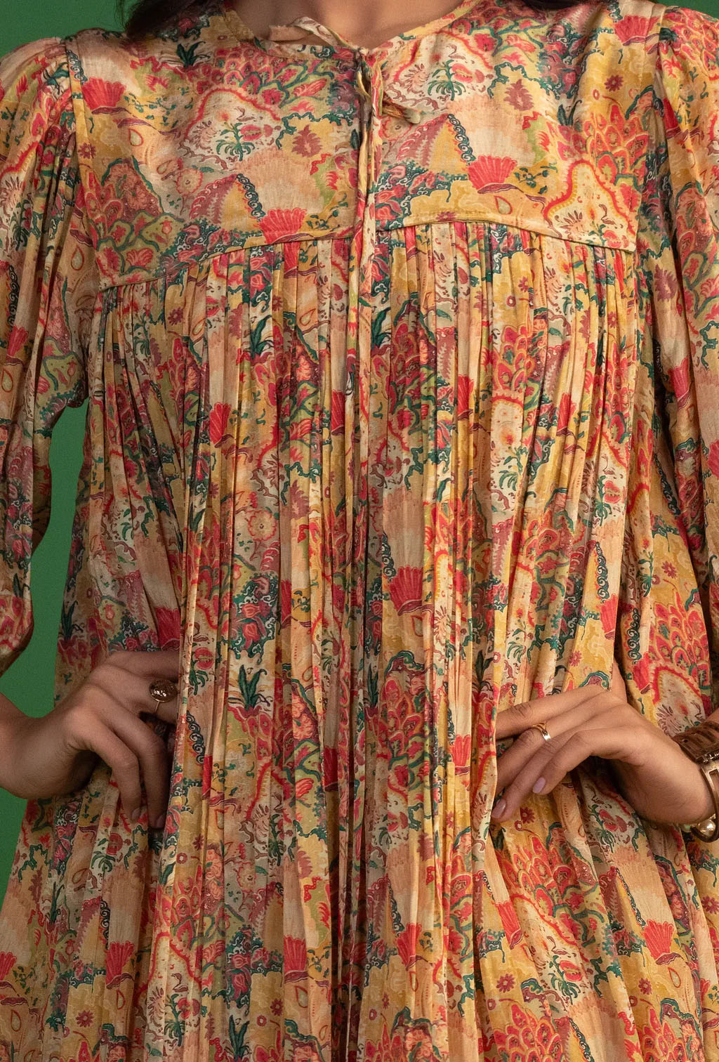 Ochre Drawstring Pleated Short Dress