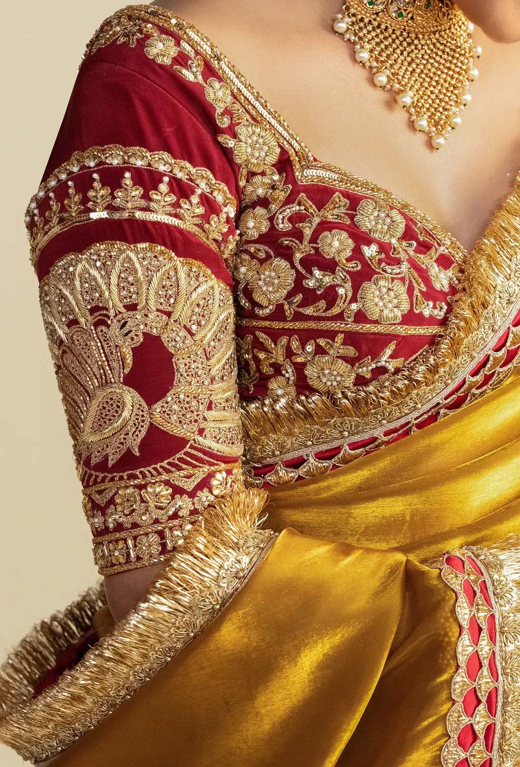Aarna Golden Glass Tissue Saree with Red Zardozi Blouse