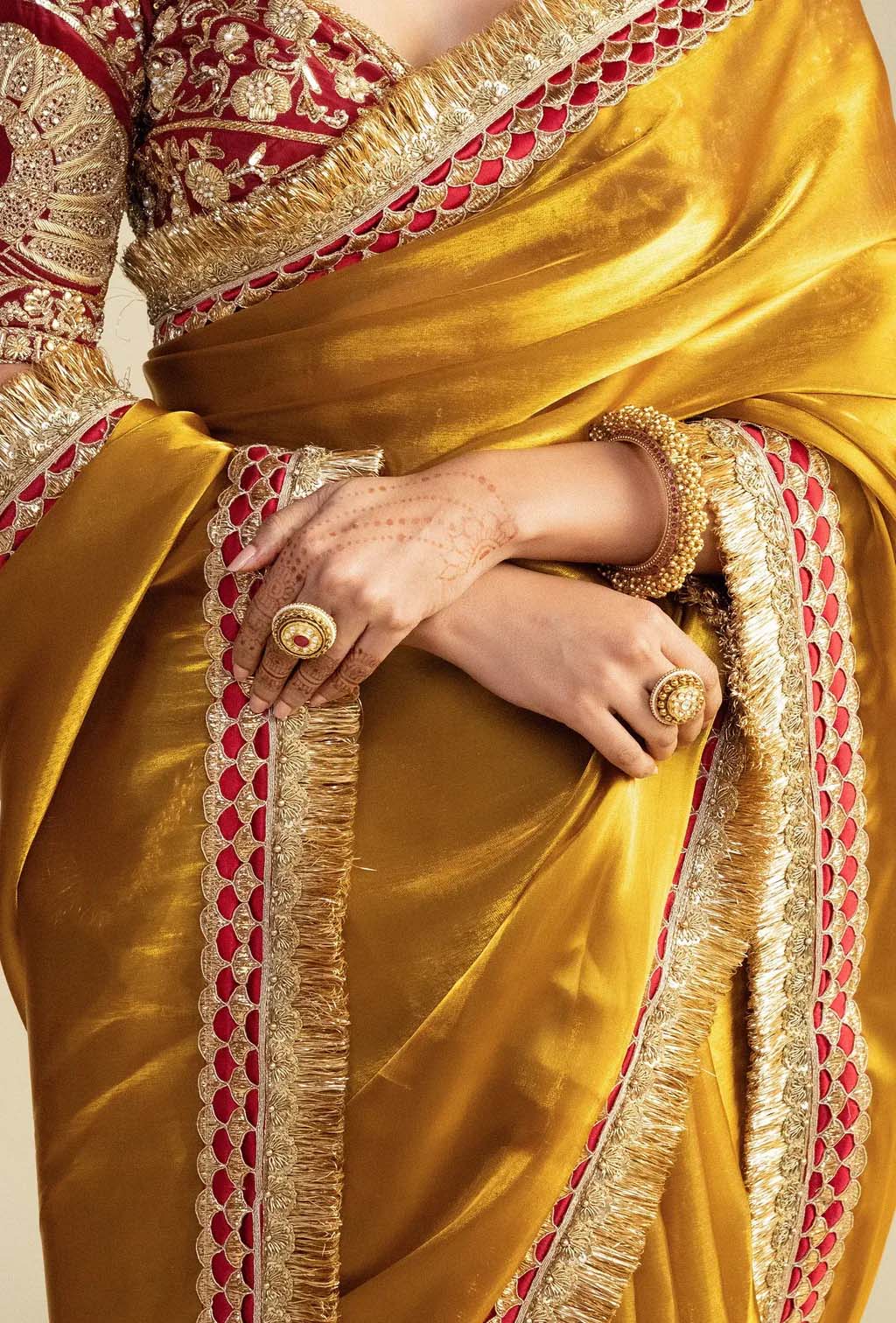 Aarna Golden Glass Tissue Saree with Red Zardozi Blouse