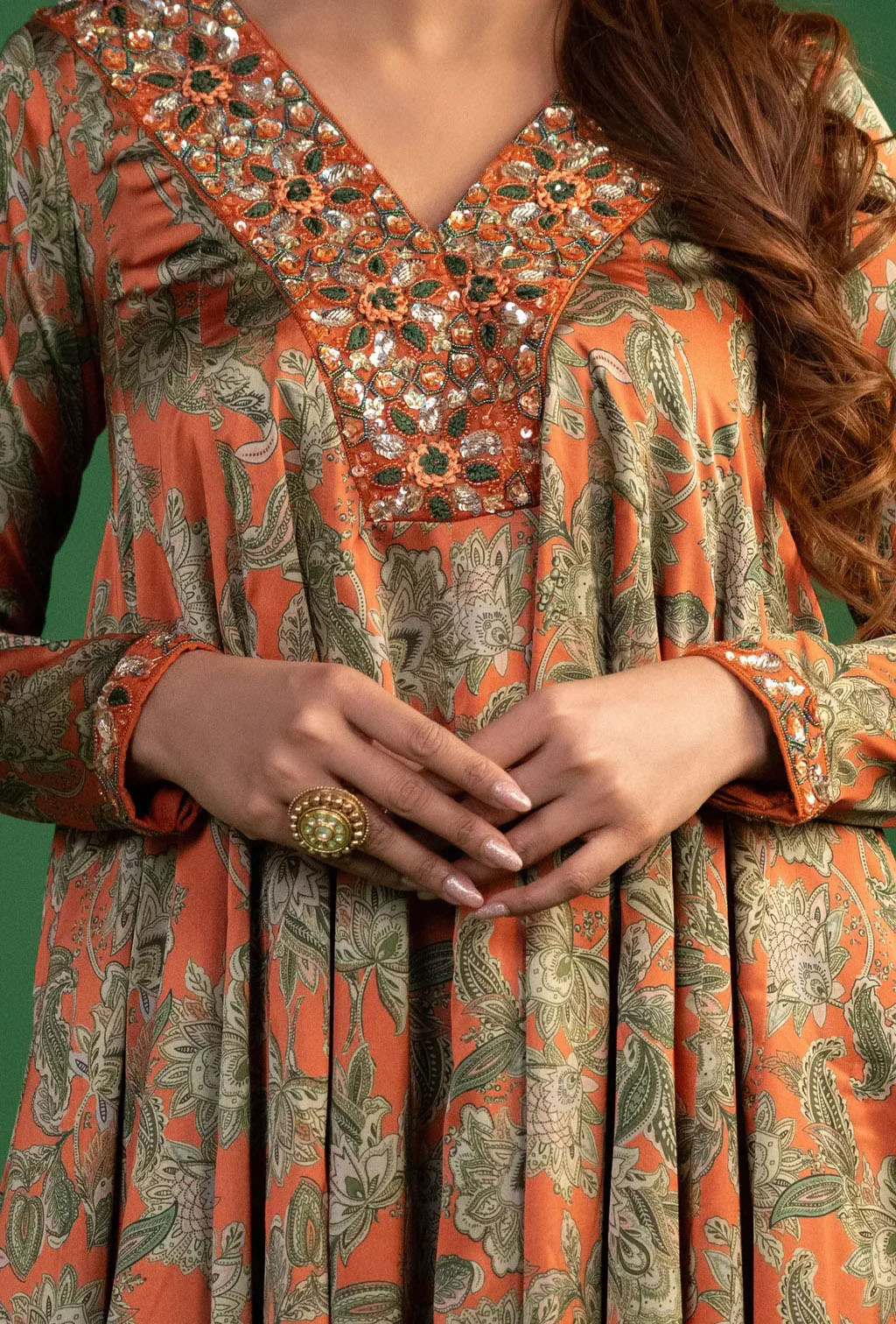 Orange Floral Anarkali Dress