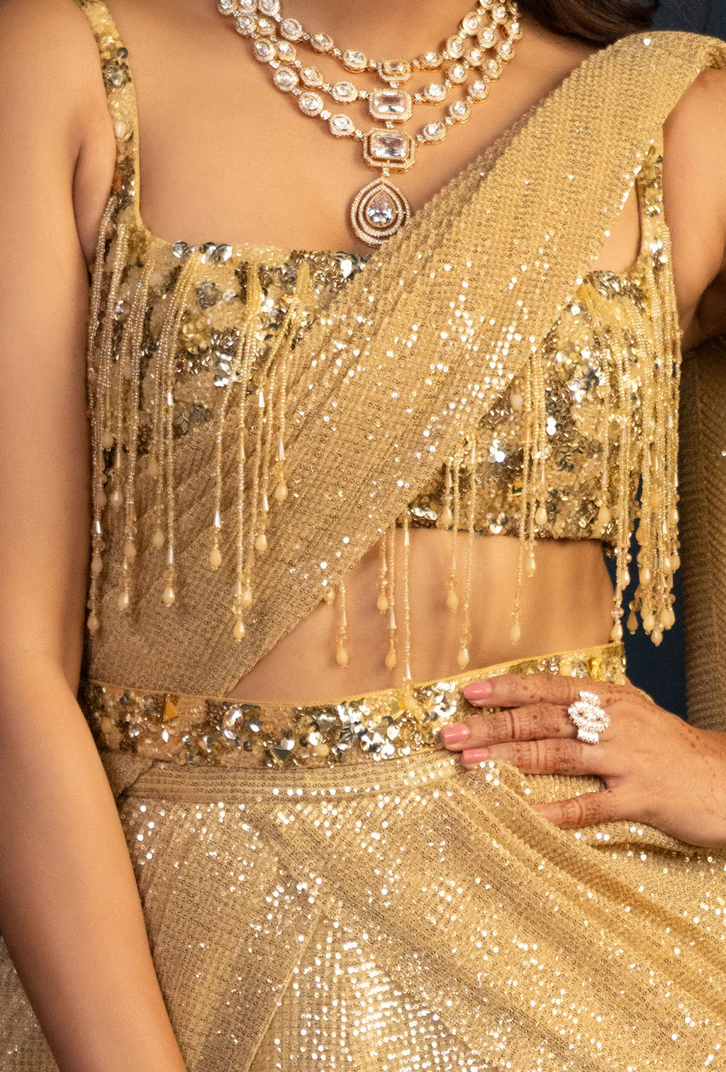 Eskimo Golden Glam Stone Work Lehenga with Sequined Attached Dupatta