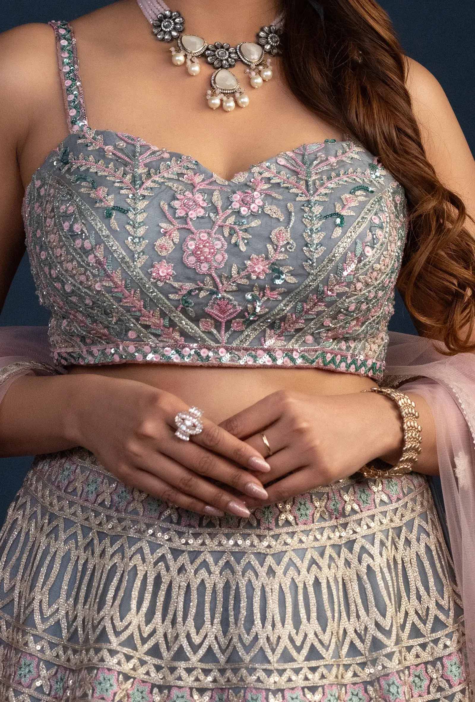 Mist Dusty Blue Threadwork Net Lehenga Set