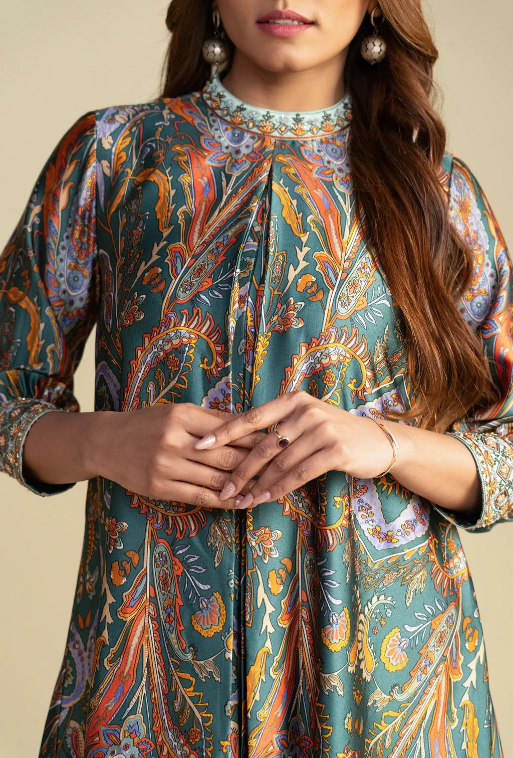 Green Digital Print Silk Kurta Set