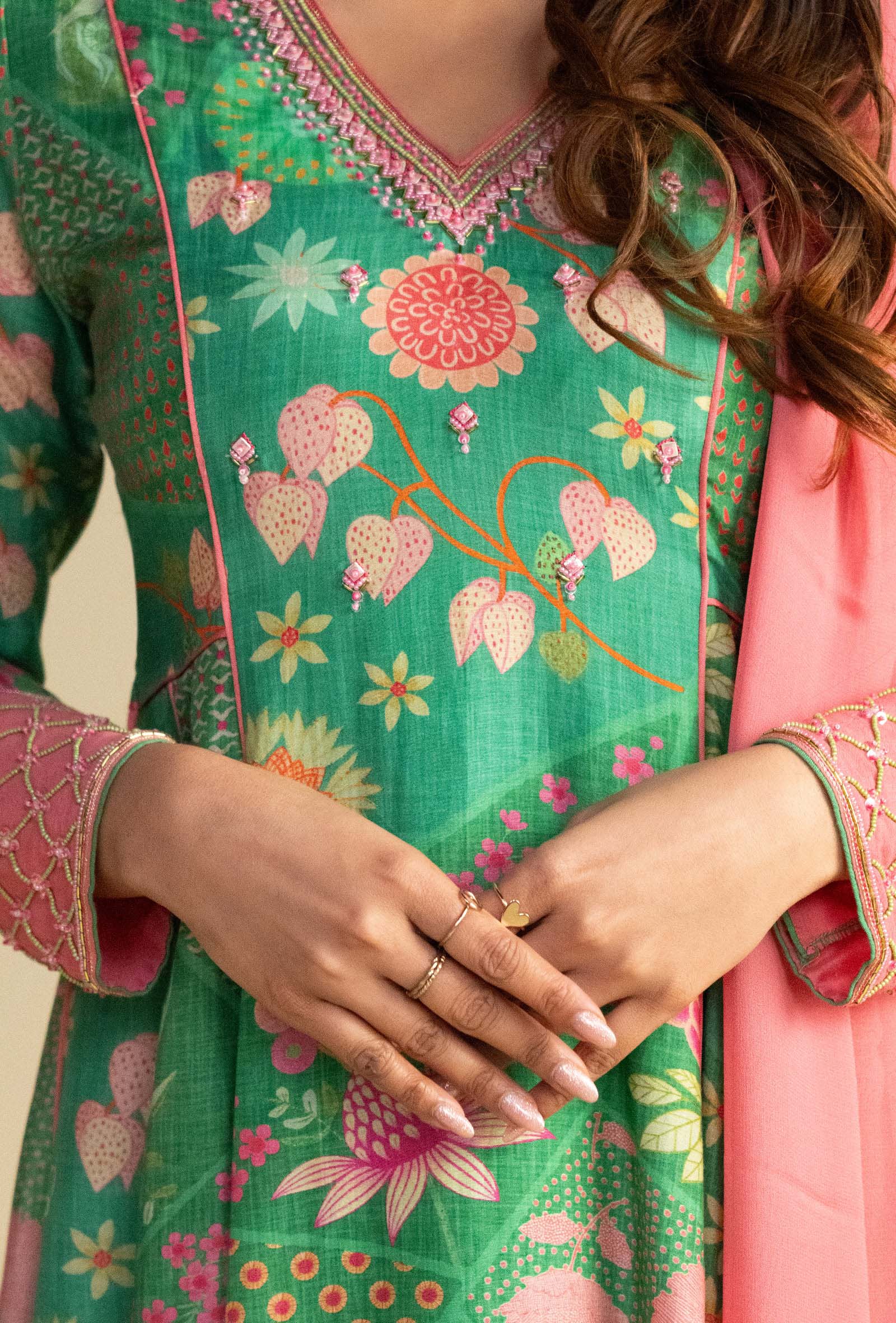 Green Floral Print Anarkali With Pink Dupatta