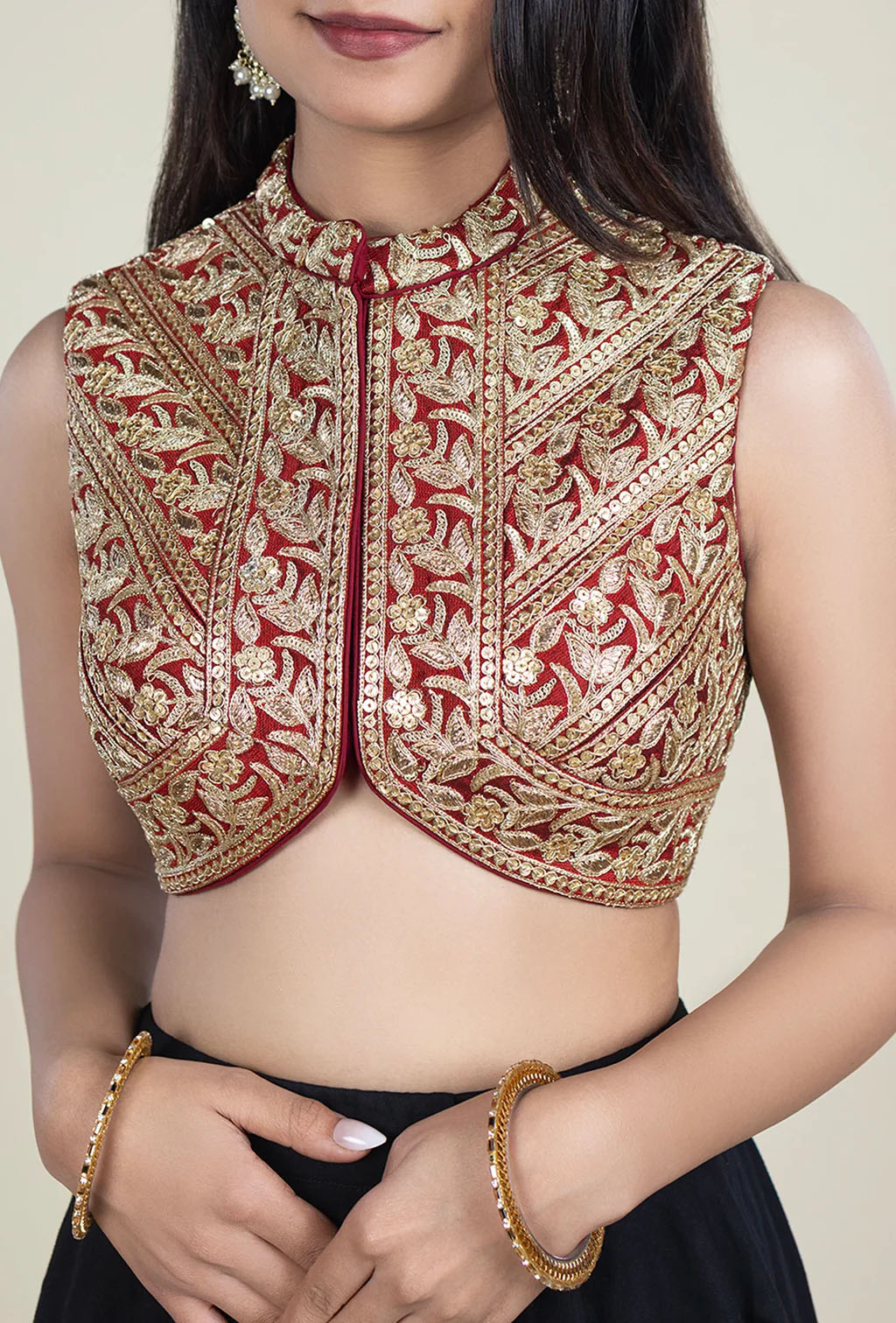 Maroon Sequence and Zardozi Hand Embroidery Blouse
