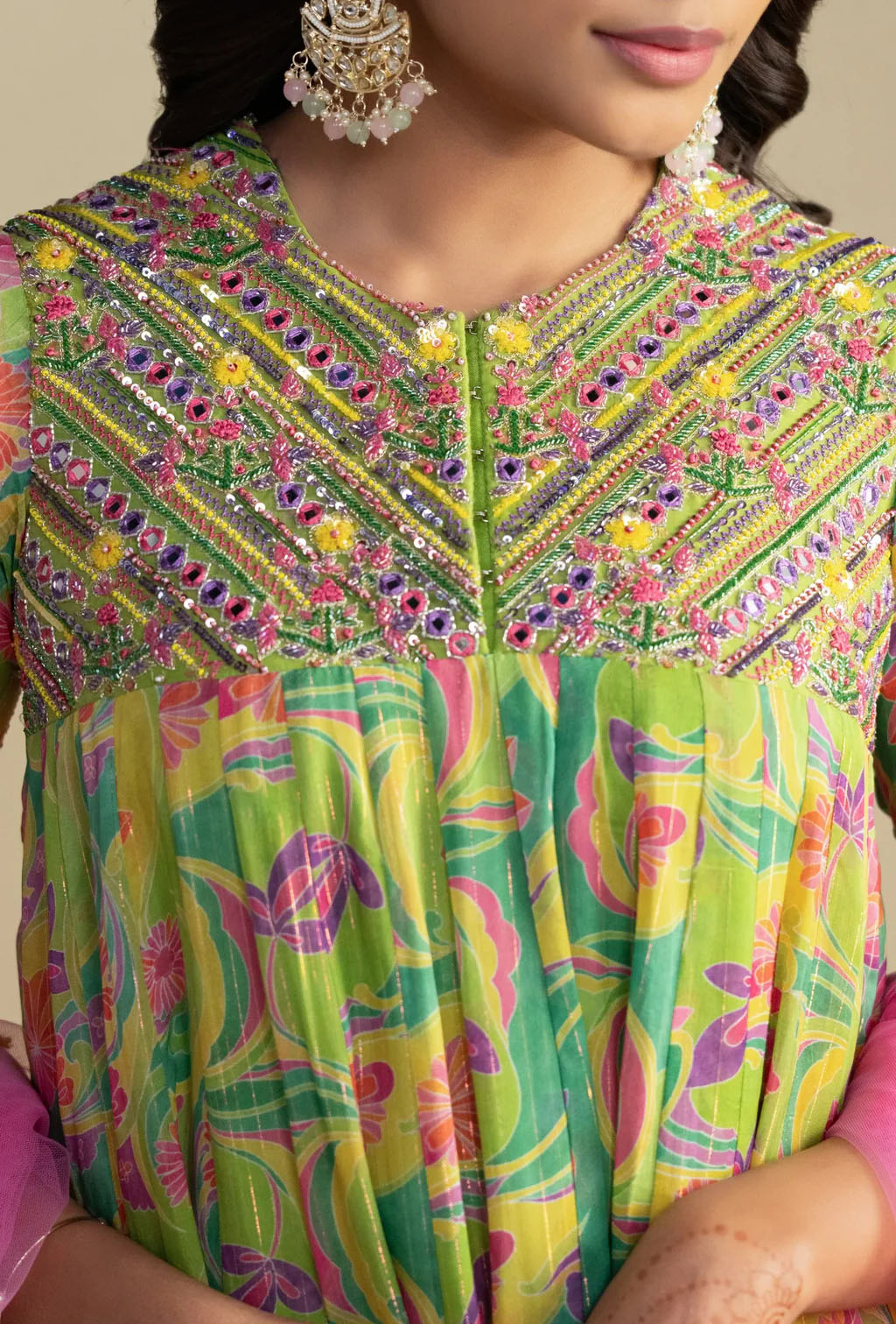 Green Floral Anarkali Set