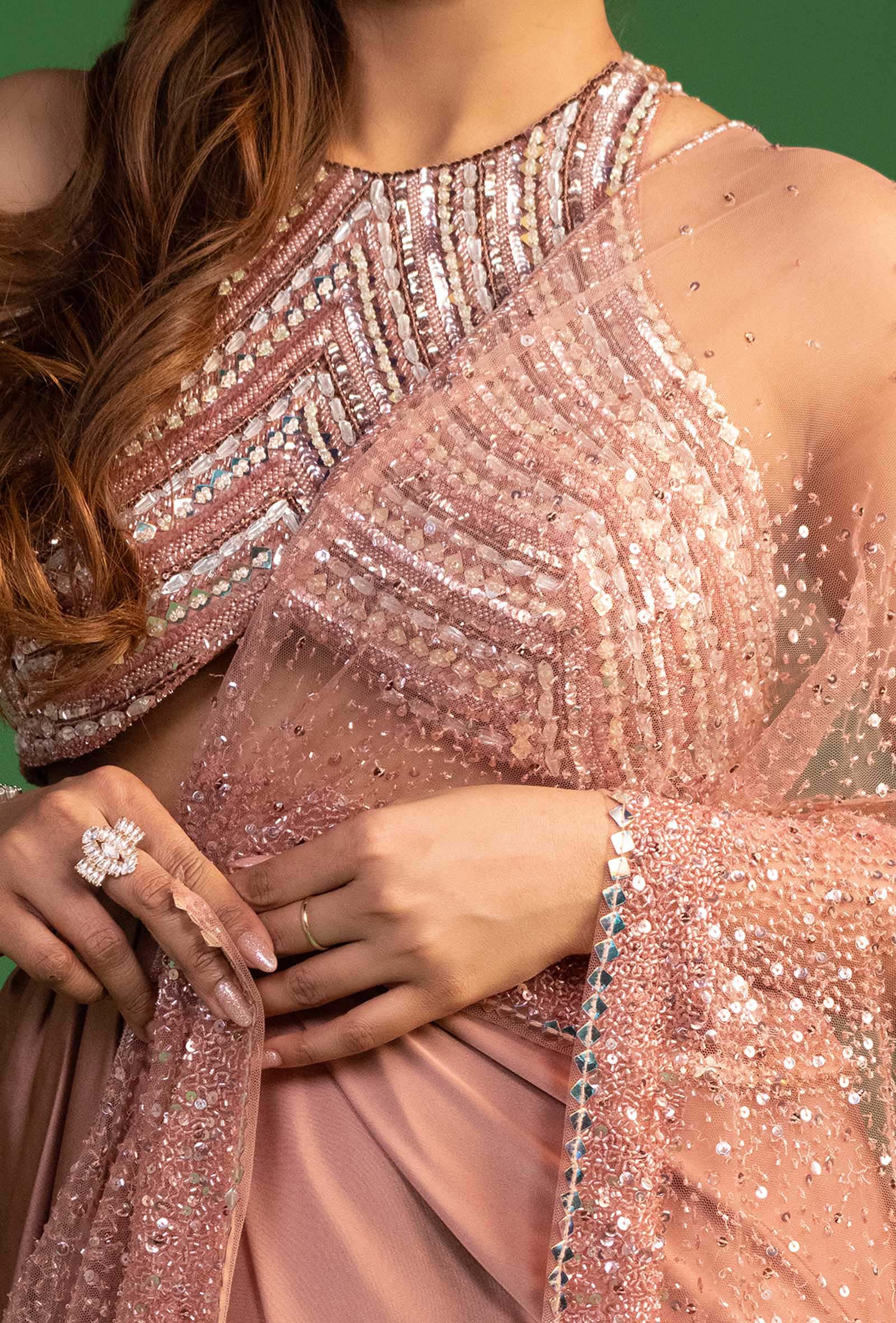 Khwab Tea Rose Pink Pre Draped Saree with Sequined Blouse