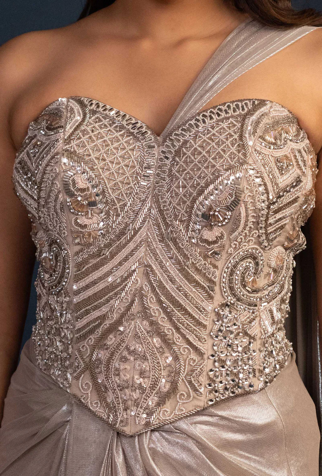 Delphine Waist Emphasizing Corset and Cinched Skirt Set in Metallic Silver