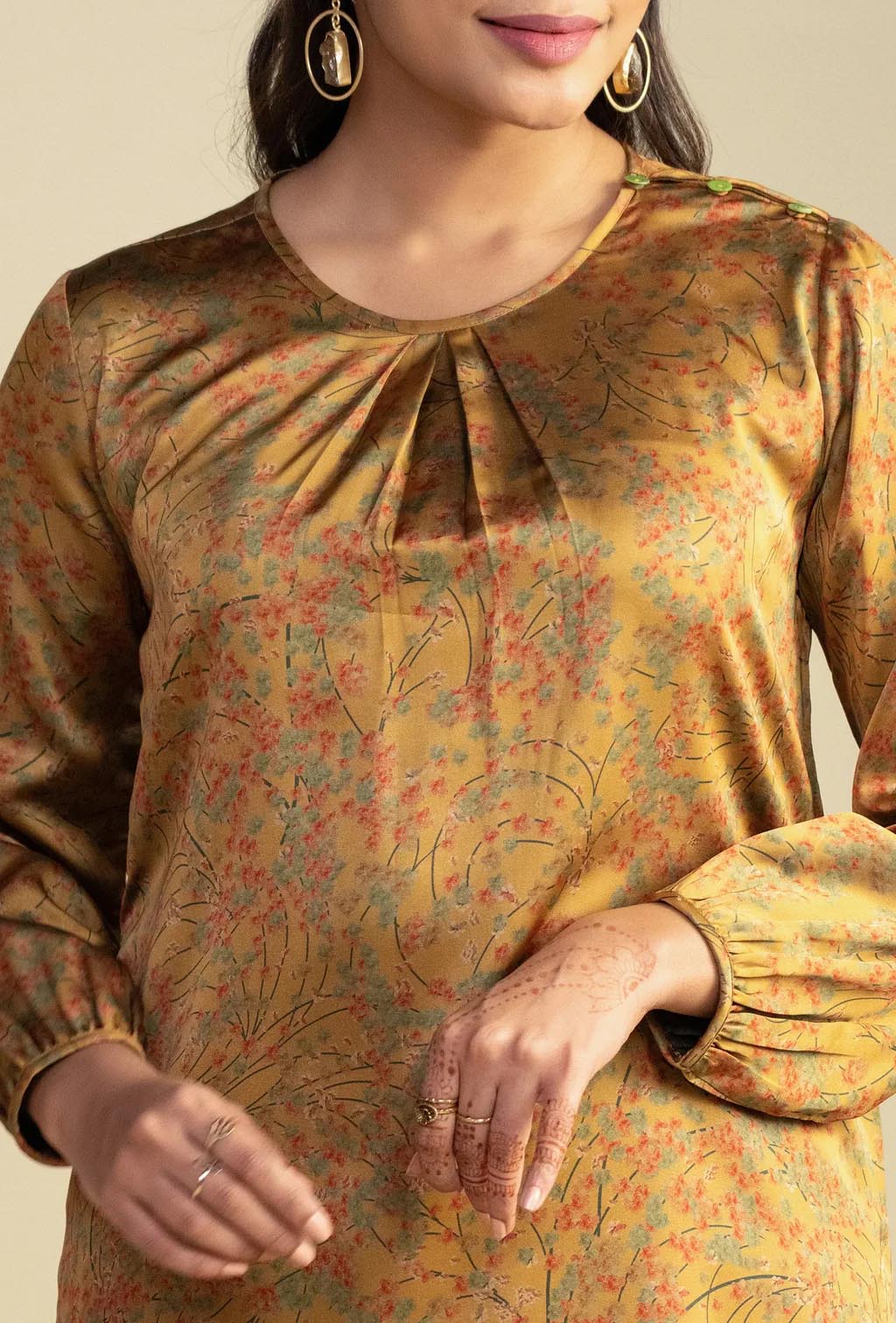 Golden Palm Crepe Satin Kurta Set