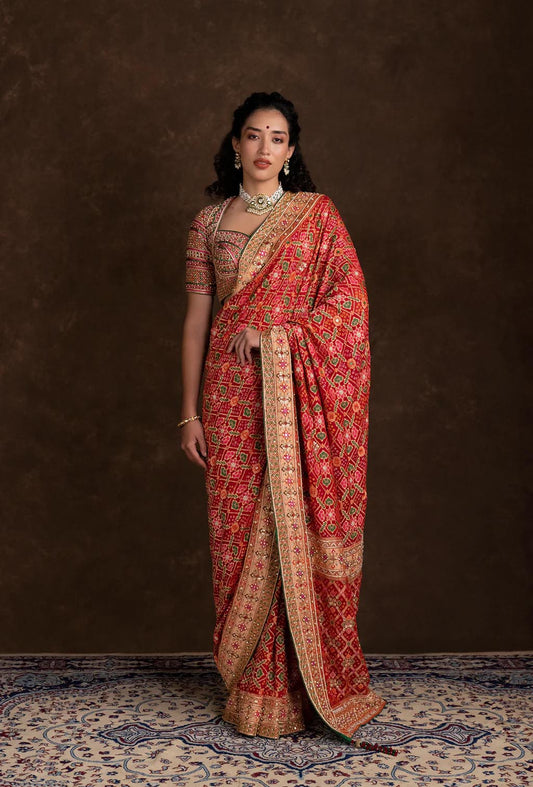 Bridal Red Bandhani Saree with Handwork Bustier Style Blouse