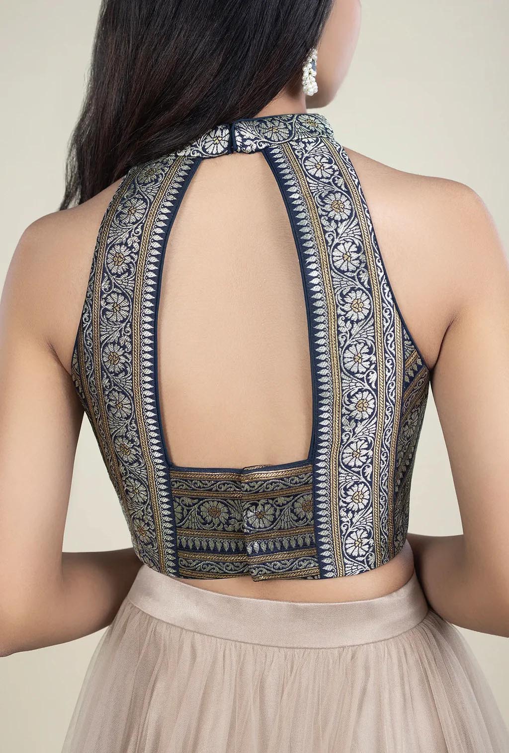 Halter Neck With Zari Work Navy Blue Blouse