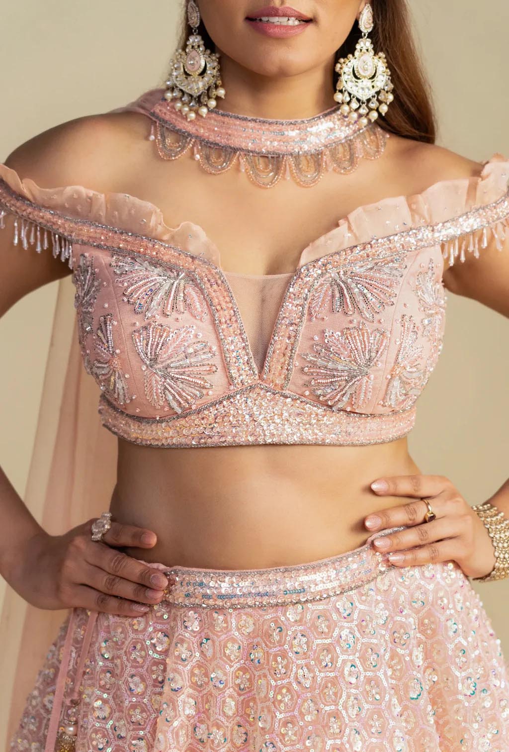 Dewdrop Romantic Pink Sequined Lehenga with Off Shoulder Sleeves