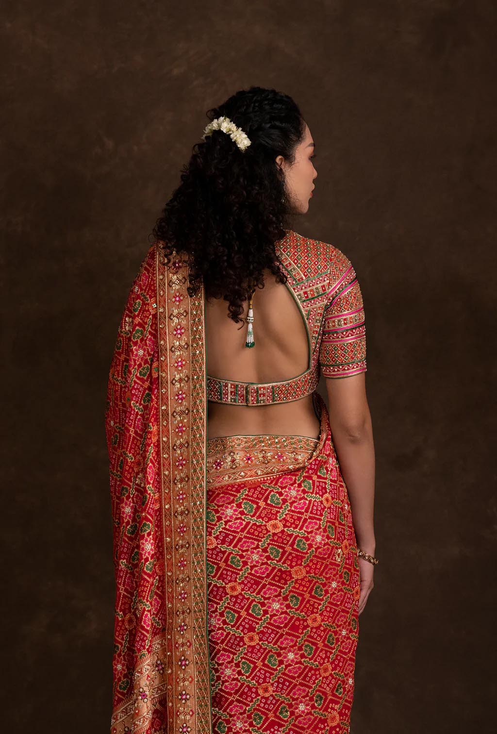 Bridal Red Bandhani Saree with Handwork Bustier Style Blouse