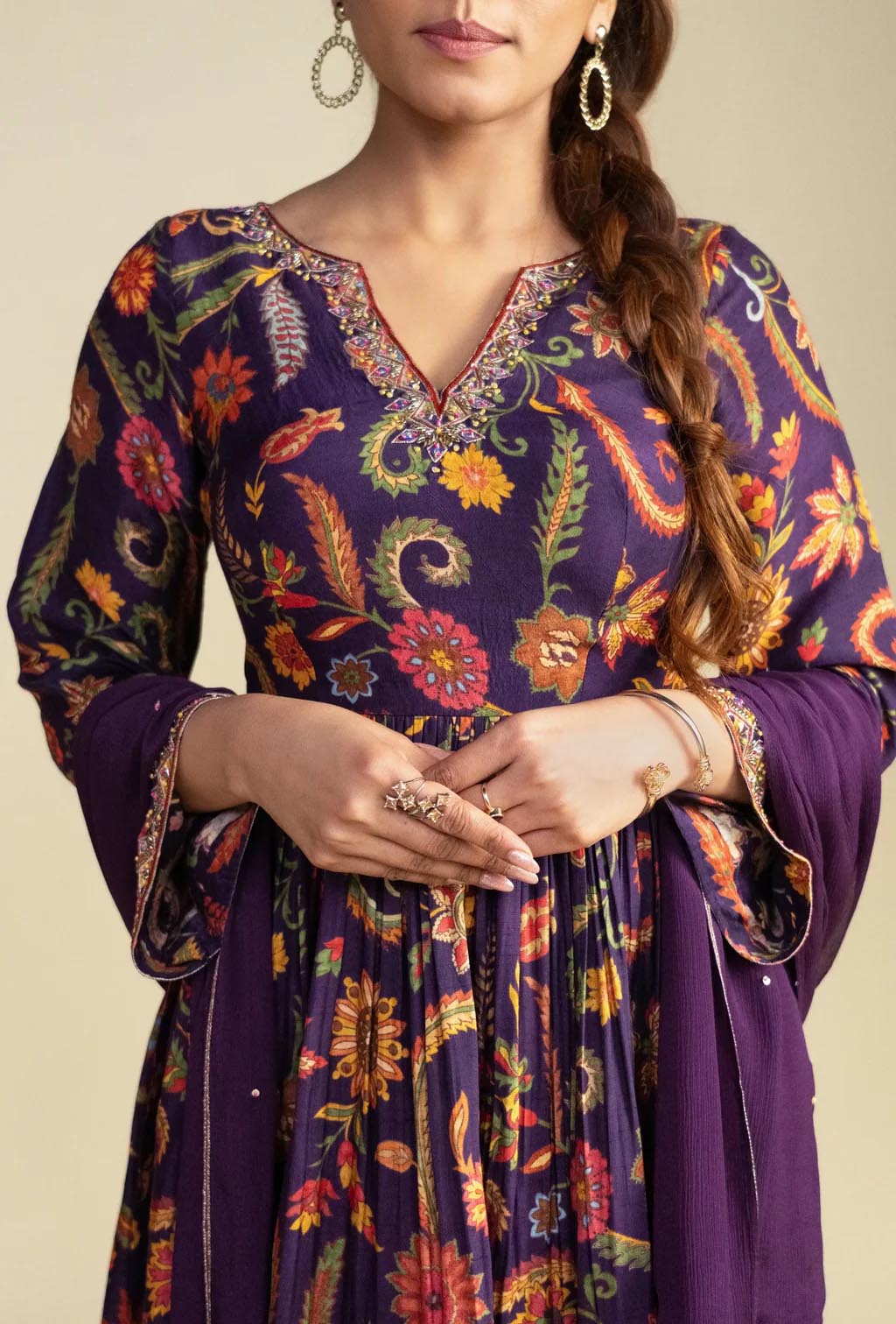 Purple Floral Silk Kurta & Palazzo Set