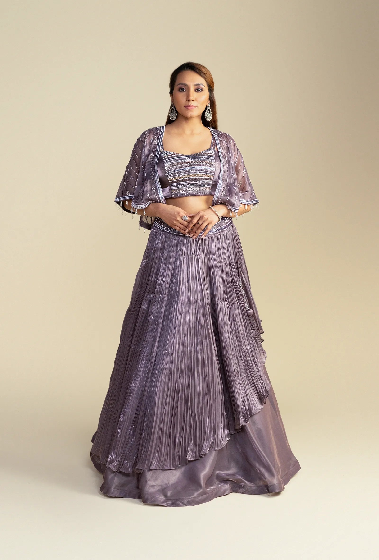 Tessa Dark Lilac Satin Organza Lehenga Set