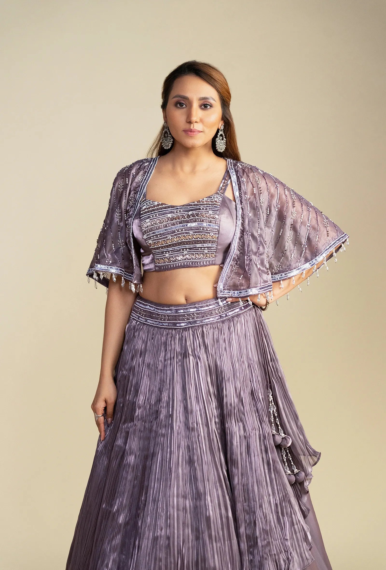 Tessa Dark Lilac Satin Organza Lehenga Set