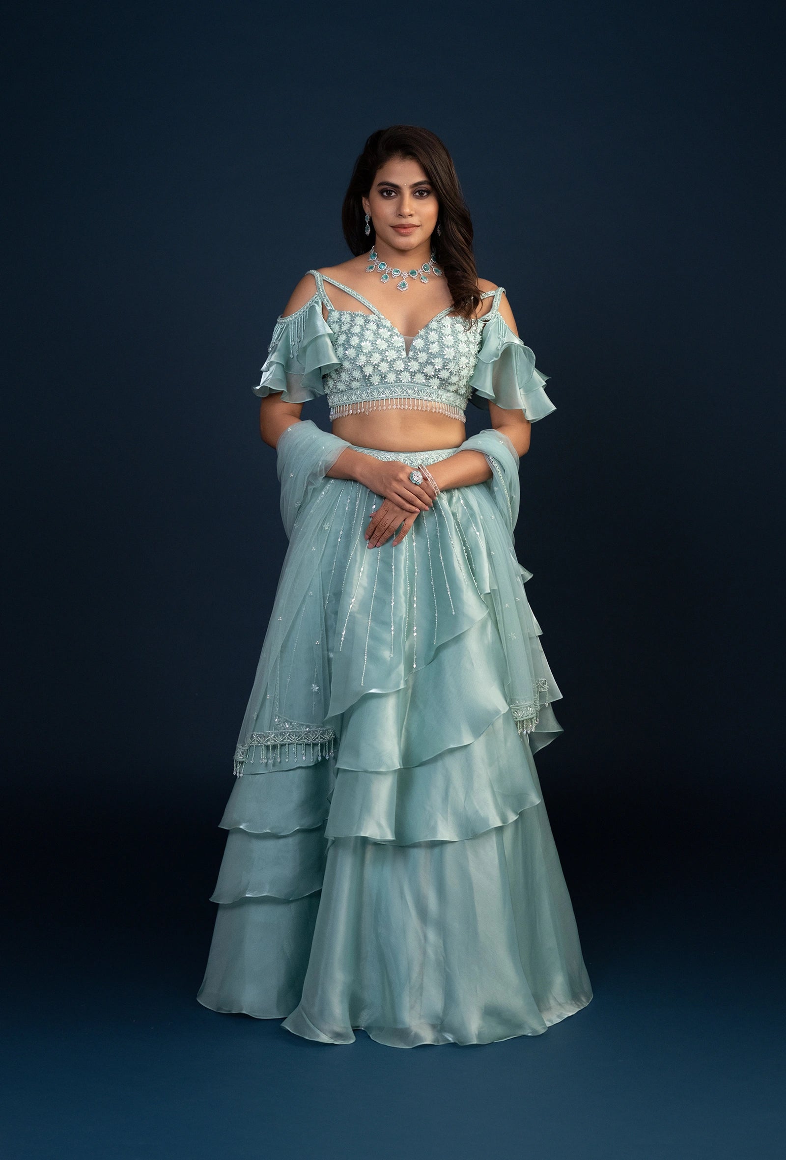 Celeste Blue Cold Shouldered Glass Tissue Lehenga Set
