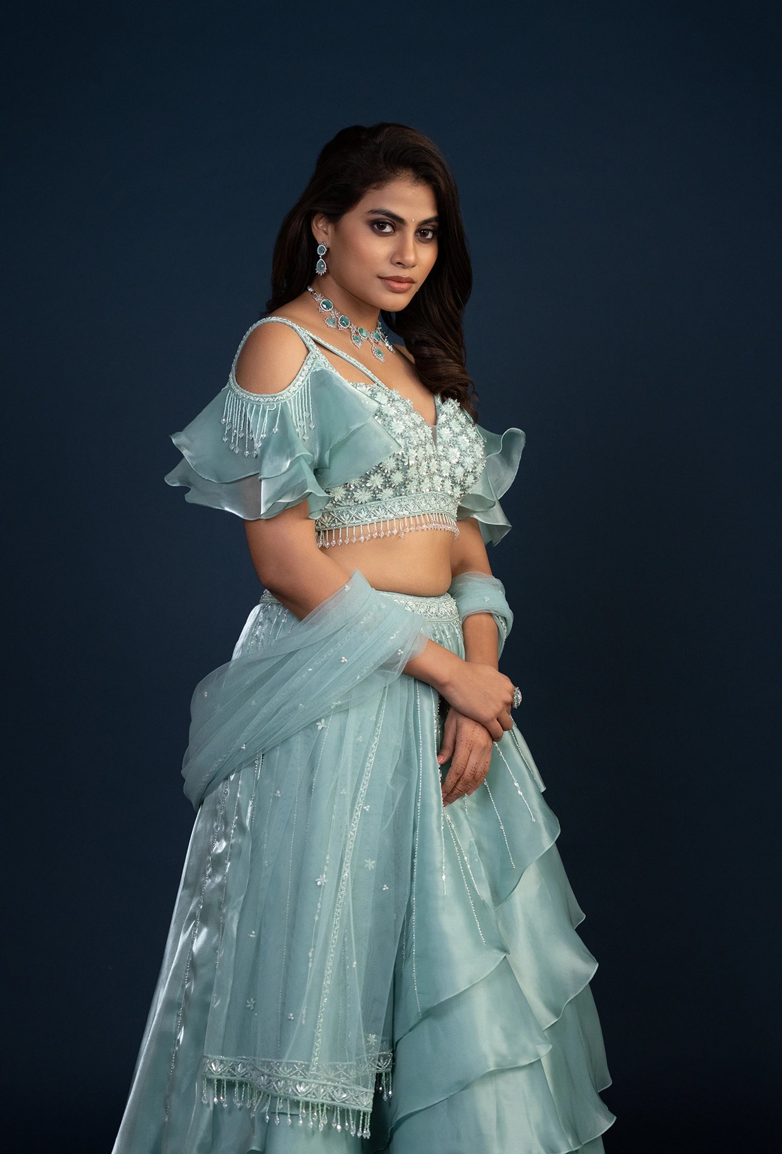 Celeste Blue Cold Shouldered Glass Tissue Lehenga Set