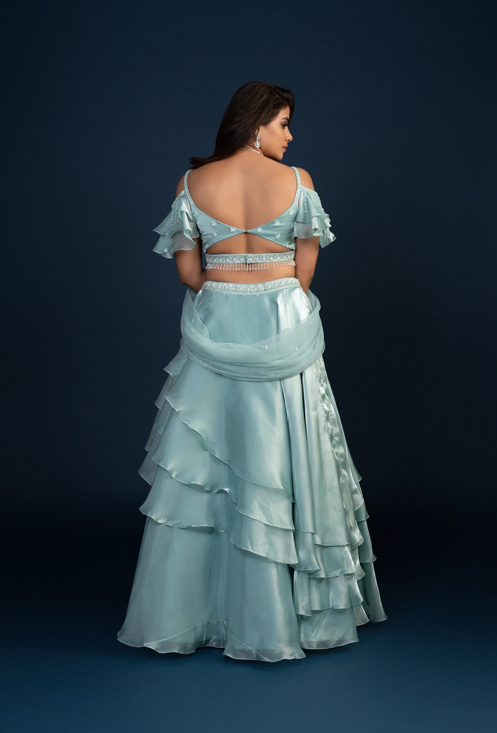 Celeste Blue Cold Shouldered Glass Tissue Lehenga Set